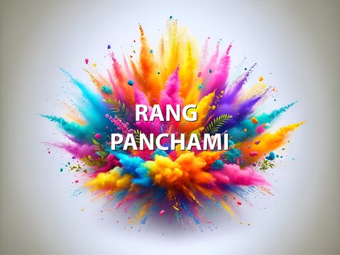 Realistic illustration for rang panchami with a burst of vibrant multicolored powder explosion.