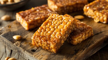 freshly made tempeh, highlighting its nutty texture and golden-brown crust, placed on a rustic cutting board - obrazy, fototapety, plakaty