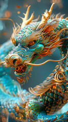 Fototapeta premium Turquoise Majesty: A Golden-Lit 8K Realistic Chinese Dragon in Exquisite Detail
