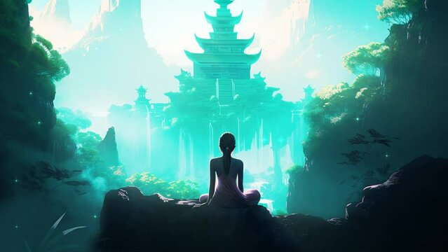 woman in lotus pose in an asian temple overlooking the jungle of serenity. concept on zen and relaxation. Loop Animation