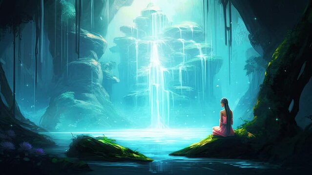 woman in lotus pose from a blue and soothing asian cave in the jungle of serenity. concept about zen and relaxation. Loop Animation