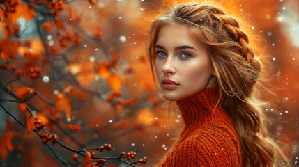In the embrace of sweater weather, a young woman's gaze is as soft as the autumnal light.