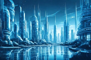 Future technology city architectural scene illustration, blue city skyline concept illustration