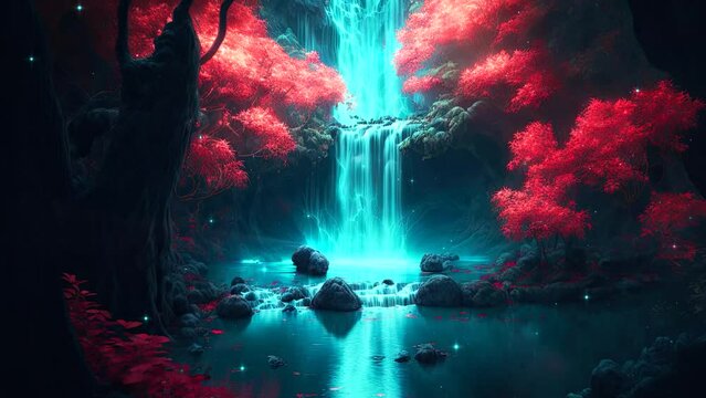 Zen and calm animation loop of landscape with waterfall and cherry tree landscape. Serenity and ambient loop video.