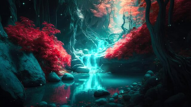 Zen and calm animation loop of landscape with waterfall and cherry tree landscape. Serenity and ambient loop video.