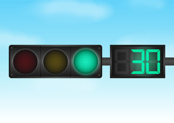 Traffic light with Green Light and Countdown Timer against Blue Sky. Vector Illustration. 