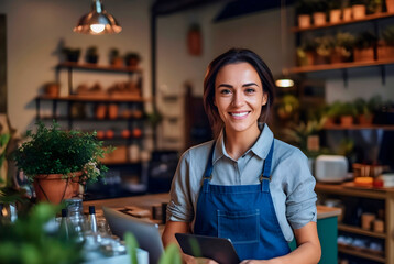 Happy female store owner grocery with arms crossed.