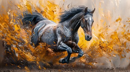 The background is an abstract artistic background. Vintage illustration with horse and golden brush strokes. Textured background. Oil on canvas. Modern Art. Grey, wallpaper, poster, card, mural, - obrazy, fototapety, plakaty