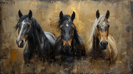 Artistic background with golden color brushstrokes on textured background. Oil on canvas. Modern Art. Horses, green, gray, wallpaper, posters, cards, murals, carpets, hangings, prints, etc. - obrazy, fototapety, plakaty