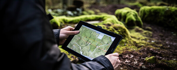 Work with digital tablet in forest. Forest topography maps rd set gps navigation point.