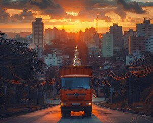 An orange cargo truck with its back to the screen, on a city background in southern Brazil - obrazy, fototapety, plakaty