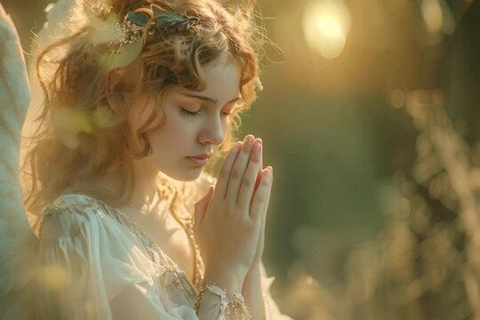 Woman With Angel Wings Praying in Field