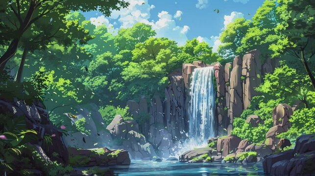 Animation small waterfall in the middle of the forest. cartoon painting illustration style. Seamless looping animated. Generative AI
