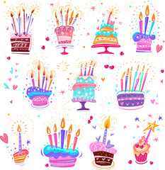 Set of Birthday cakes in a fun hand drawn style - 758991042