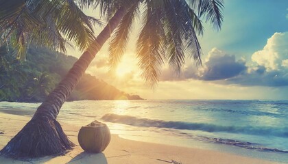 relaxation by the ocean - beach, palm tree, ocean, sunset - beautiful tropical landscape at sunset...