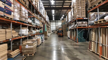 In the center of the image there is a spacious warehouse, delivery storage concept