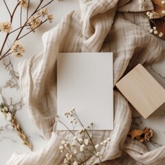 blank white card on a beige background with natural decorations. ai generated