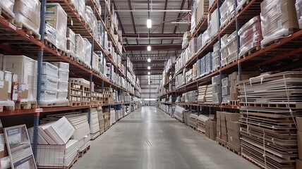 In the center of the image there is a spacious warehouse, delivery storage concept