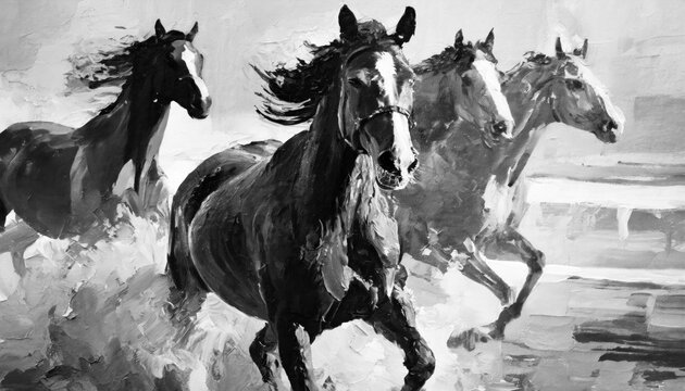 A black and white painting shows wild horses racing together