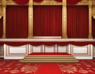 ballroom stage, display environment, ornate red velvet curtains and gold decor