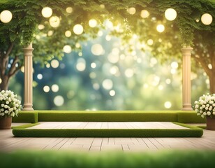 Romantic outdoor platform under a tree arch with bokeh firefly lights