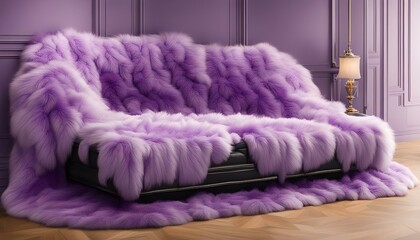 couch covered in purple fur in an elegant room with lavender walls