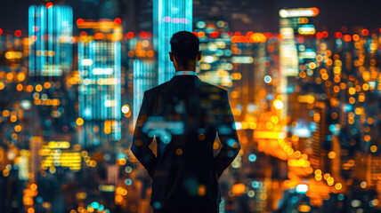 businessman, duble exposure with the sightly skyscraper, night city background
