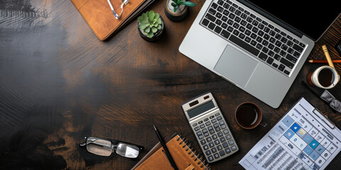 accounting work space with calculator, profit and tables on dark desk top view mock-up - obrazy, fototapety, plakaty