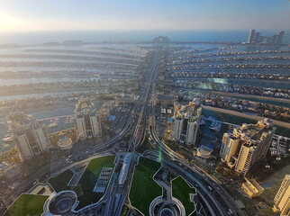 Wonderful views of cityscapes from "The Palm" viewpoint in Dubai