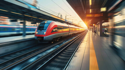 Fototapeta na wymiar High speed train motion railway station sunset. Fast moving modern passenger train railway platform Railroad motion blur effect