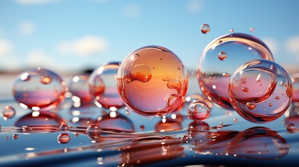 glass balls on water surface with blue sky background