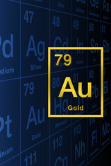 Gold, chemical element symbol with relief shape, taken from periodic table in the background. Noble and precious metal with chemical symbol Au for Latin aurum, and with atomic number 79. Illustration. - 758993411