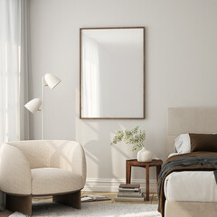Fototapeta premium Frame mockup, ISO A paper size. Living room wall poster mockup. Interior mockup with house background. Modern interior design. 3D render 