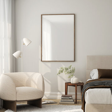 Fototapeta Frame mockup, ISO A paper size. Living room wall poster mockup. Interior mockup with house background. Modern interior design. 3D render 