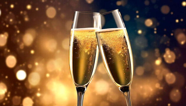 Two glasses of champagne. Celebration, sparkling wine, taste, delicious, festive, drink, beverage. Image generated with AI. 