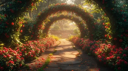 Foto auf Acrylglas Red Flower-Lined Pathway in Forest © Ilugram