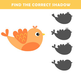 Shadow matching game for kids. Find the correct shadow. Educational game for children. Find and match the right shadow of cute bird.	