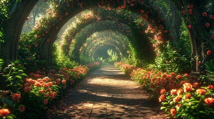 Flower-Lined Pathway Next to Lush Green Forest