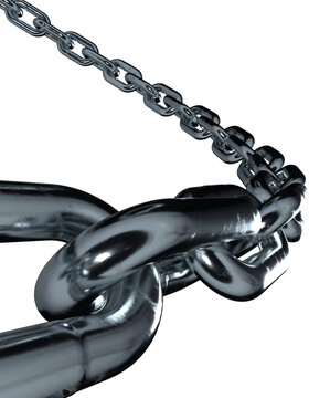Metal chain links. 3d rendering illustration isolated on white background, 3d render realistic chain in chrome