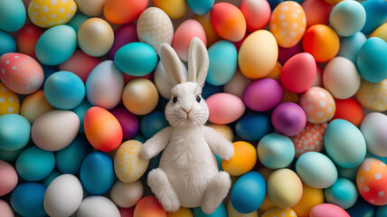 Fototapeta premium Easter Bunny Amidst a Sea of Colorful Eggs