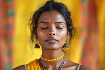 An Indian woman meditates serenely in a yellow sari, her face a picture of peace and grace. - Powered by Adobe