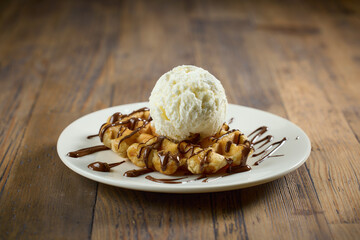 plate of belgian waffle with ice cream - 758995260