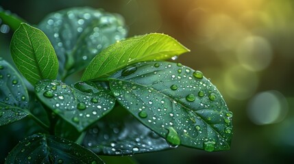 Green Leaf Covered in Water Droplets