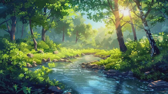 Flowing water river in the middle of the rainforest. Cartoon painting illustration style. Seamless looping animated. Generative AI