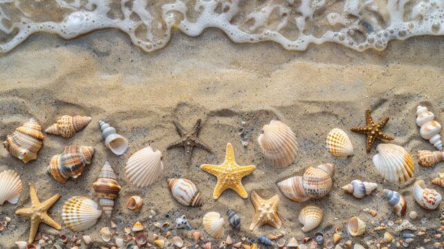 Top view seashell and starfish on the sandy tropical beach. AI generated image