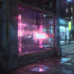 Glitching Hologram Flickering on Abandoned Storefront, Creating a Haunting Futuristic Scene Generative AI