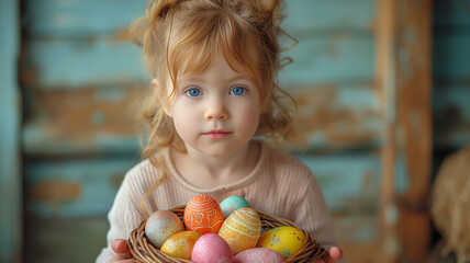 Fototapeta na wymiar Smiling Child with Basket of Easter Eggs