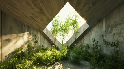 Diamond shape tunnel with vegetation filling it up,rounded shapes, realistic depiction of light, sustainable architecture