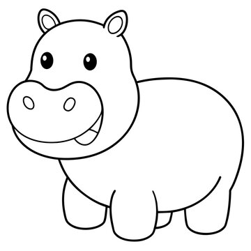 hippo, hippopotamus drawing using only lines, line art to color and paint. Children's drawings.