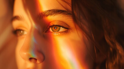 Woman contemplative face is bathed in the warm, golden hues of sunlight filtered through a prism, casting a pattern of light and shadows